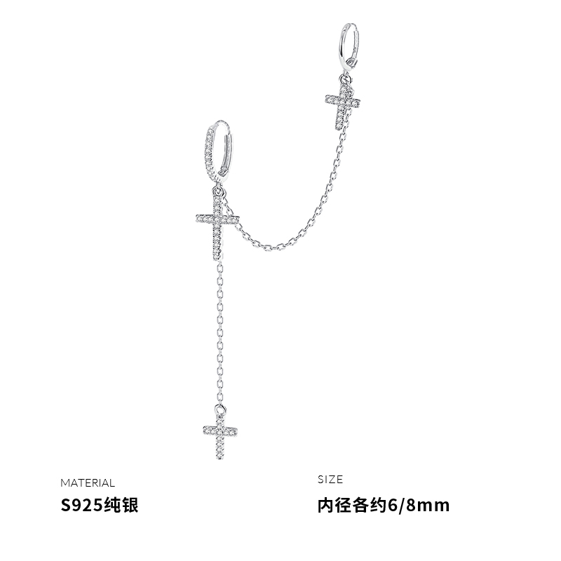 925纯银双耳洞十字架耳扣方形耳钉女耳环耳饰ins风耳圈网红