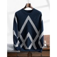 秋冬新款男士圆领山羊绒衫套头长袖毛衣提花拼色休闲针织上衣