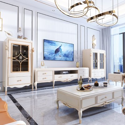 实木轻奢茶几电视柜组合 ins高档欧式茶几美式法式茶几白色茶桌台
