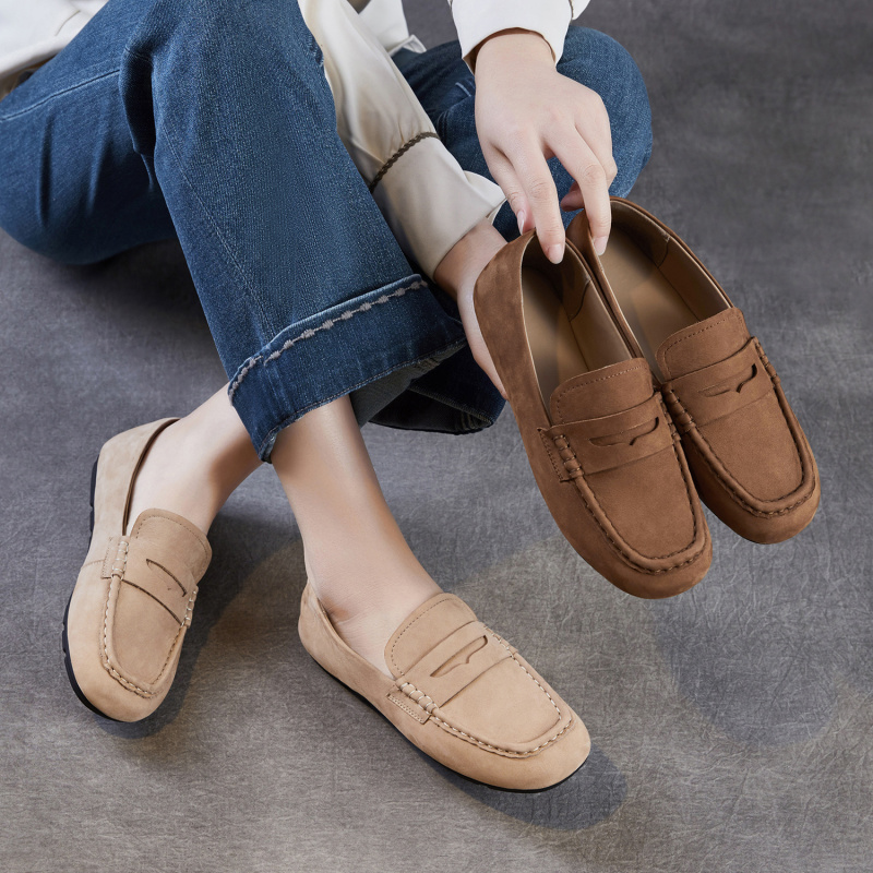 头层牛皮豆豆鞋女2026春款真皮反绒开车鞋老钱风休闲一脚蹬乐福鞋
