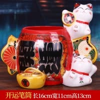 日本猫笔筒陶瓷摆件办公用品创意桌面学生复古装笔实用笔筒 三维工匠 金运招福笔筒[86536]