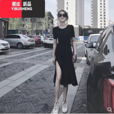 YIBUSHENG性感裙子小黑裙女季2024年新款开叉莫代尔长袖小心机连衣裙长裙