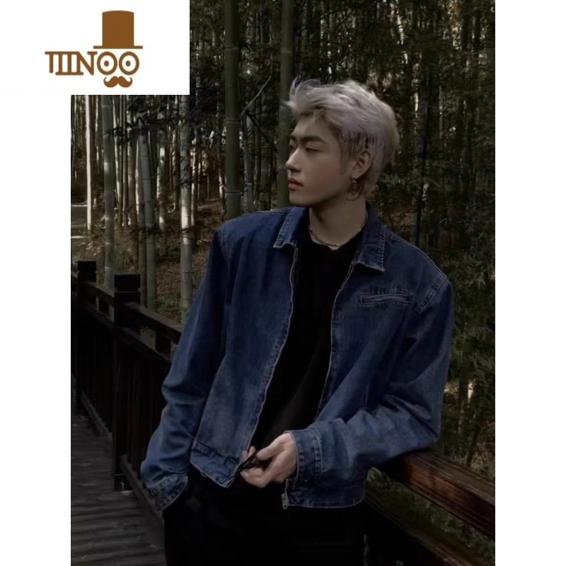 YANXU美式复古街头痞帅小众设计感垫肩牛仔潮牌外套男朋克短款夹克