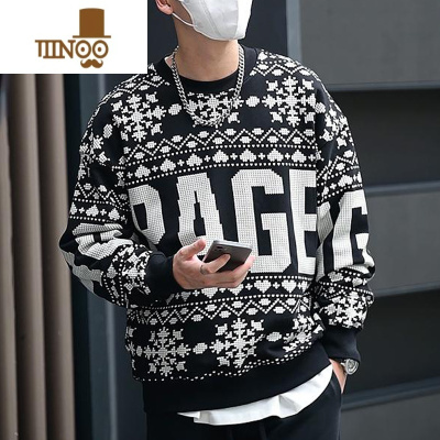 YANXU2023秋季新款男士圆领字母卫衣长袖百搭潮牌痞帅宽松时尚休闲上衣