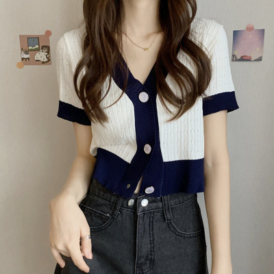 复古v领短袖针织衫女新款夏季韩版设计感宽松气质短款上衣潮
