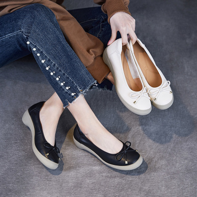 春夏新粗跟蝴蝶结单鞋头层牛皮软底不累脚真皮妈妈鞋