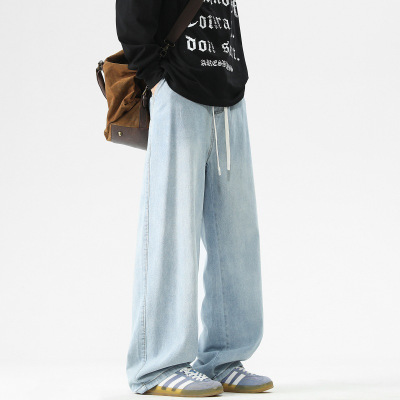 高街潮牌男士阔腿牛仔裤夏季抽绳腰宽松薄款水洗垂感休闲男装长裤