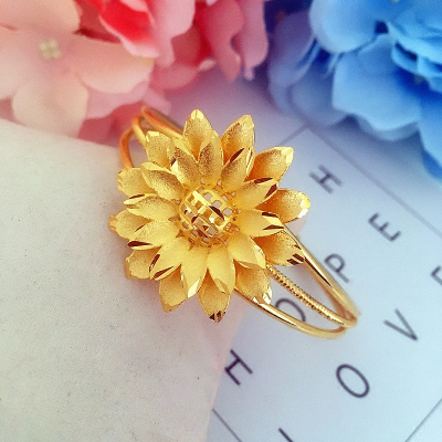 日韩越南沙金手镯女 磨砂大花开口手镯镀金24K仿黄金饰品婚庆首饰送女朋友老婆情人节七夕生日礼物