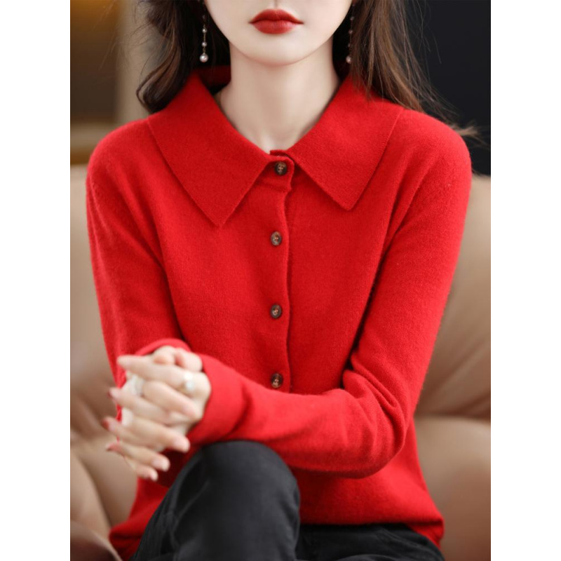 外搭非羊绒衬衫女POLO领针织开衫气质翻领毛衣外套长袖打底春