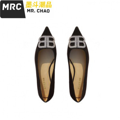 尖头水钻平底鞋女2020新款绒面BB字母扣软底平跟黑色宴会单鞋墨斗潮品休闲鞋