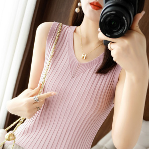 冰丝夏季新款女v领吊带修身抽条短款显瘦上衣纯色百搭套头衫