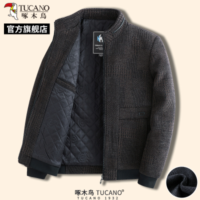 啄木鸟冬季男士保暖立领外套中年爸爸装商务呢子夹克衫棉服上衣C