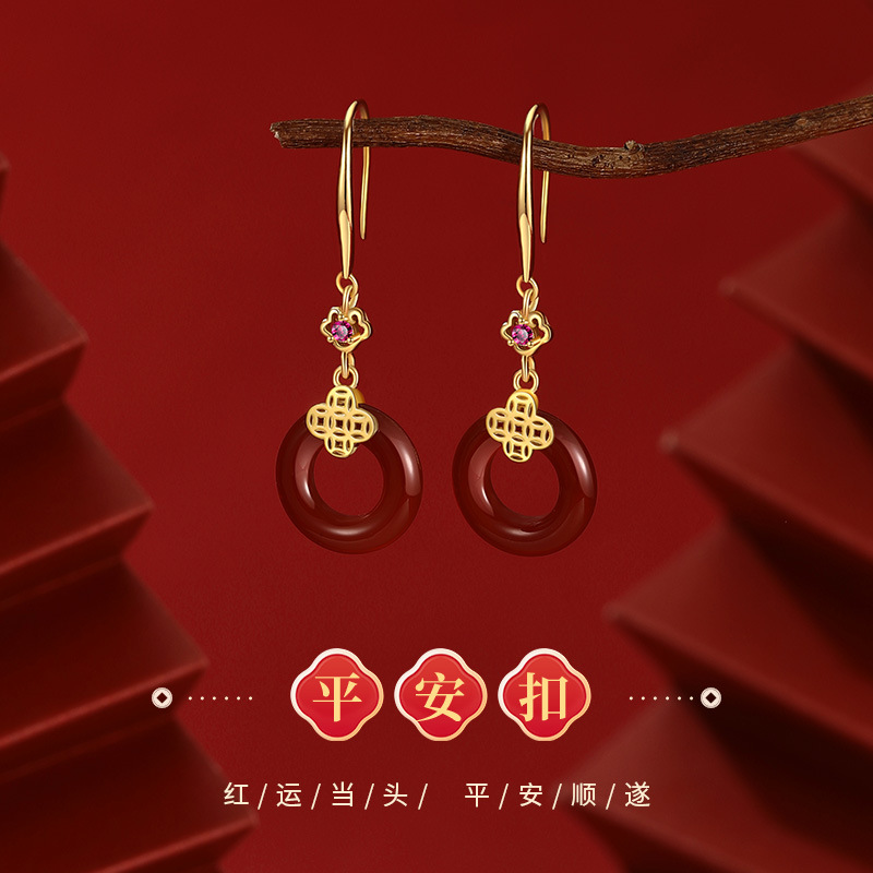 S999纯银平安扣中国结红玛瑙耳钩复古新年礼物百搭耳环耳饰品批发