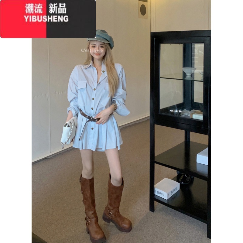 YIBUSHENG又a又飒连衣裙女装2024新款设计感收腰显瘦辣妹风长袖衬衫裙
