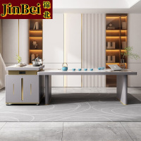 锦北现代轻奢岩板餐桌岛台茶桌烧水壶一体桌客厅泡茶桌椅2.4米1桌8椅