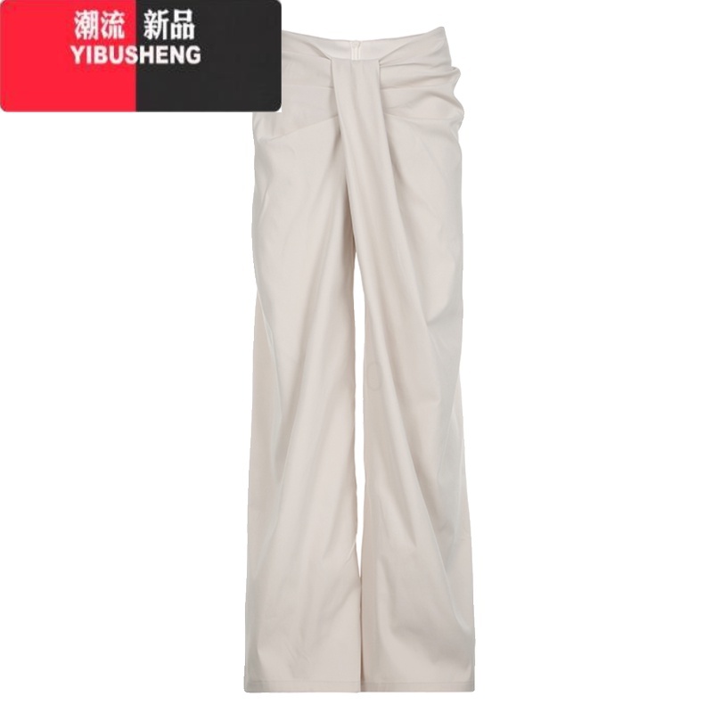 YIBUSHENGAmyway[纽结设计]不规则腰头褶皱休闲裤女宽松纯色垂坠阔腿裤