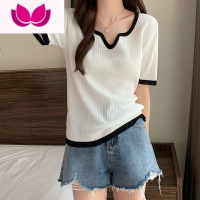 七斓法式锁骨v领上衣夏季大码正肩polo衫胖mm女遮肉宽松短袖设计感T恤