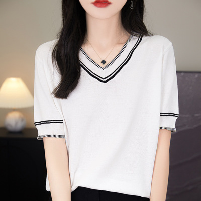 v领短袖T恤女夏季新款女装薄款鸡心领上衣半袖t桖精仿羊毛针织衫