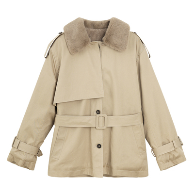 FISHBASKET仿貂毛领加绒工装外套女2020新款百搭加厚收腰风衣夹克棉服潮风衣女