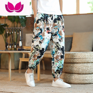 七斓中国风印花亚麻裤子男夏季棉麻束脚九分裤宽松大码灯笼哈伦裤男装