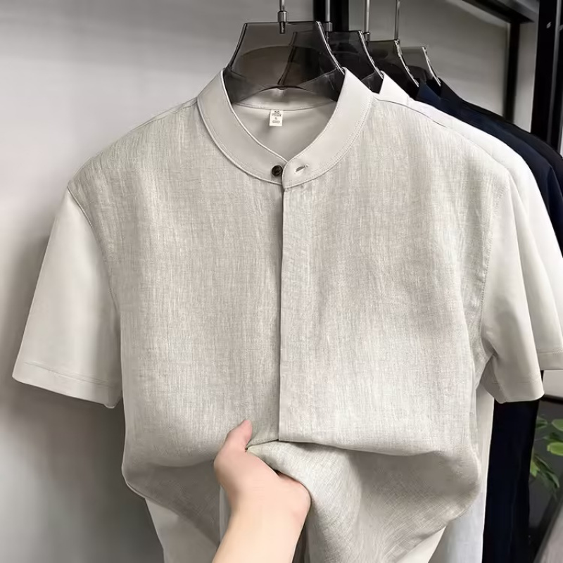 100%亚麻短袖衬衫男2026夏季新款中年爸爸装立领休闲透气男士衬衫