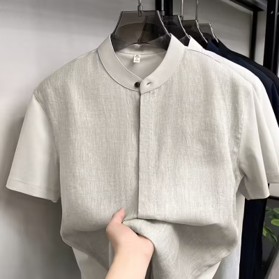100%亚麻短袖衬衫男2026夏季新款中年爸爸装立领休闲透气男士衬衫