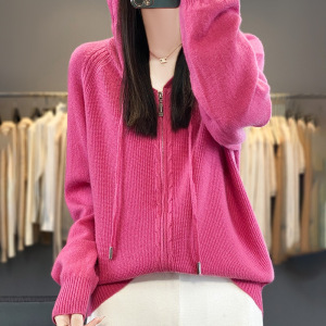 韩版女装安迪绒帽衫双拉链连帽毛衣秋冬新款外套针织衫开衫