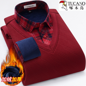 啄木鸟纯棉保暖衬衫男冬季假两件加绒加厚高档中年宽松衬衣爸爸装