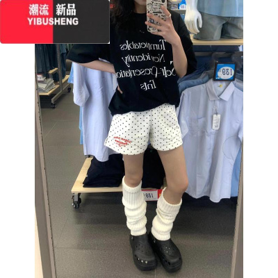 YIBUSHENG季运动短裤美式波点字母刺绣三分裤女宽松阔腿休闲外穿热裤