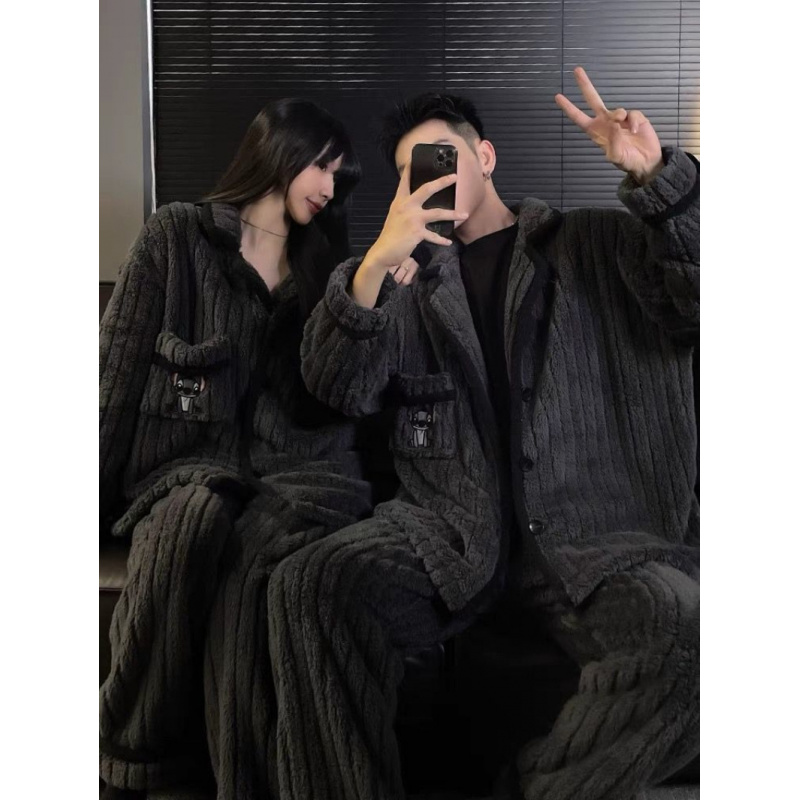 情侣睡衣女款春秋冬季珊瑚绒加厚加绒保暖一男士一女士家居服套装