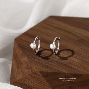 云小舒s999纯银淡水珍珠耳环女法式复古小巧简约足银耳扣轻奢批发送女朋友老婆情人节七夕生日礼物 白金色