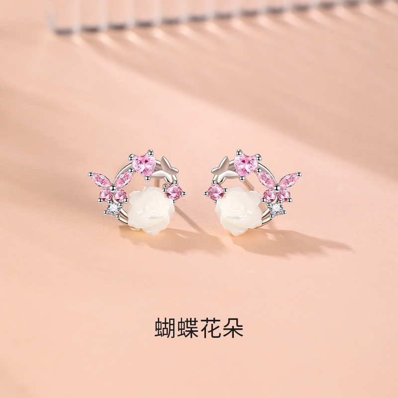 原创s999足银蝴蝶花朵耳钉女款轻奢ins小众气质纯银耳环耳饰批发送女朋友老婆情人节七夕生日礼物