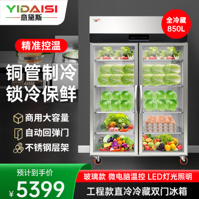 意黛斯 展示柜冷藏蔬菜水果保鲜柜全铜管厨房四门六门冰箱不锈钢冰柜商用大玻璃电冰箱双门冷藏款YDS-850AC4QBL