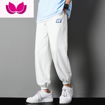 七斓日系高街裤子男士夏季冰丝薄款潮牌休闲长裤宽松白色束脚卫裤