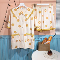 睡衣女夏女士家居服短袖休闲开衫套装女夏季薄款睡衣短裤套装