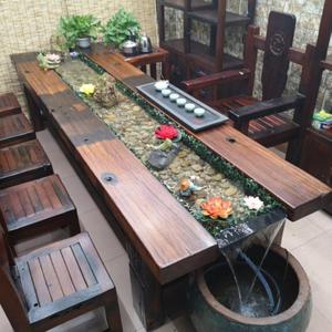 森美人老船桌椅组合禅意循环流水养鱼茶桌创意客厅茶几实木泡茶茶台