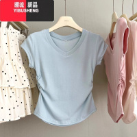 YIBUSHENGbaby蓝色正肩短袖T恤女2024季新款纯色显瘦修身褶皱收腰短上衣