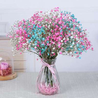 干花家居装饰摆件真花满天星干花花束带花瓶客厅茶几电视柜摆设-自然白色+染色粉色蓝色满天星不带花瓶