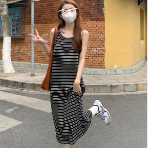 坎肩条纹针织连衣裙女士夏季中长款宽松T恤休闲无袖背心打底裙子