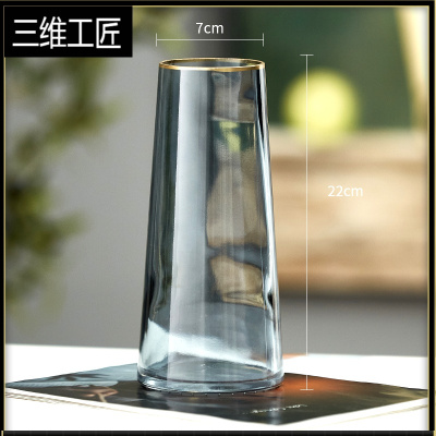 北欧ins玻璃花瓶透明水养干鲜花富贵竹百合插花轻奢网红客厅摆件三维工匠501款（描金烟灰色）大