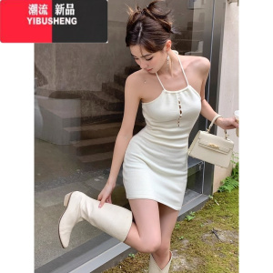 YIBUSHENG网红性感修身针织无袖包臀裙短裙街拍辣妹纯欲风设计感挂脖连衣裙