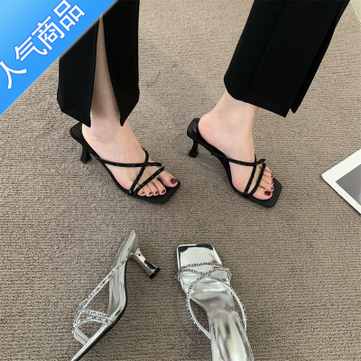 SUNTEK气质水钻凉拖拖鞋夏外穿法式仙女风配裙子银色女鞋高跟鞋凉鞋女款
