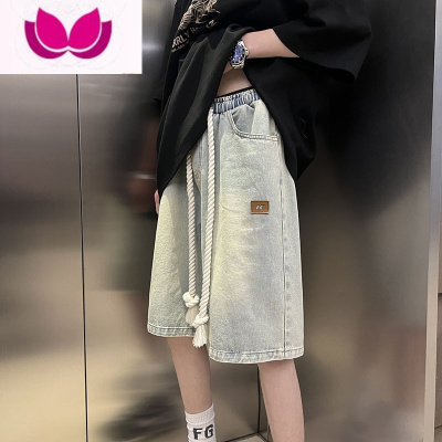 七斓牛仔短裤男夏季潮牌水洗复古直筒裤子美式高街痞帅宽松休闲五分裤