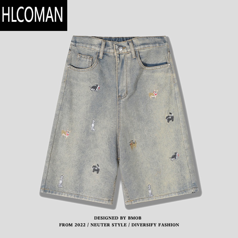 HLCOMANBMOB美式复古趣味小狗刺绣牛仔短裤男女夏季宽松阔腿设计感五分裤