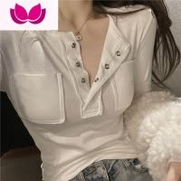 七斓半开领心机露锁骨长袖T恤女早春气质内搭性感修身打底衫纯欲上衣