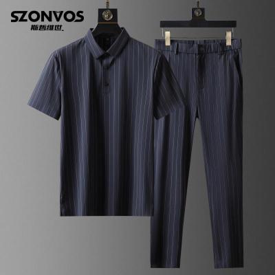 轻奢夏季竖纹四面弹无痕压胶翻领冰丝短袖休闲运动套装男