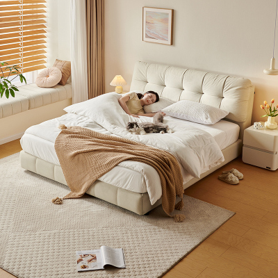 全友家居布艺床奶油风猫抓布软包床卧室家具高脚床落地床双人大床