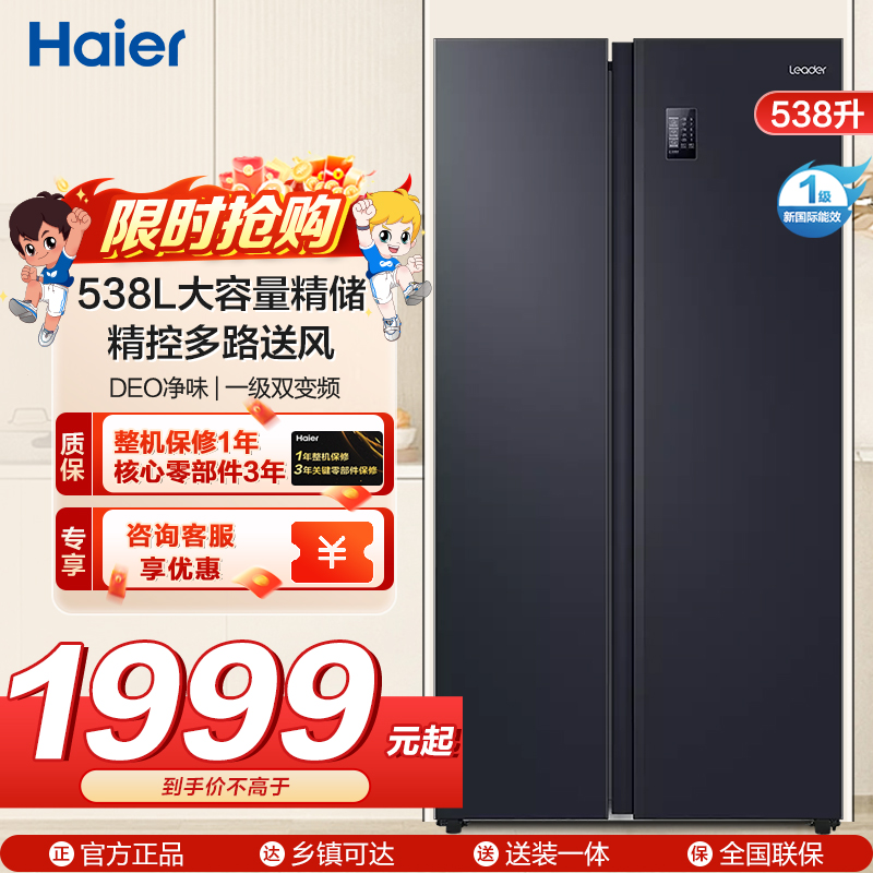 统帅(leader)海尔出品 538升对开门冰箱 DEO净味 一级双变频 超薄嵌入冰箱 BCD-538WGLSSEDBX