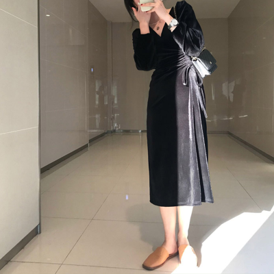 恋名媛大码显瘦复古黑色长裙子减龄收腰开叉连衣裙胖妹妹气质丝绒内搭裙大码女装