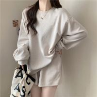 华夫格长袖T恤卫衣+三分裤短裤子两件套女圆领打底衫女士休闲套装_247